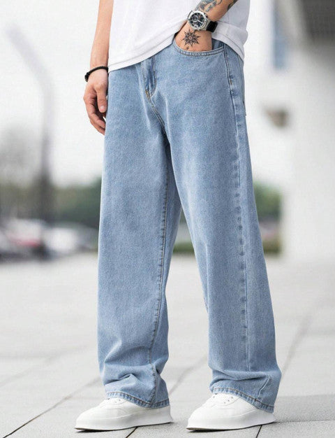 Men's Classic Wide-Leg Denim Trousers in Light Indigo Wash